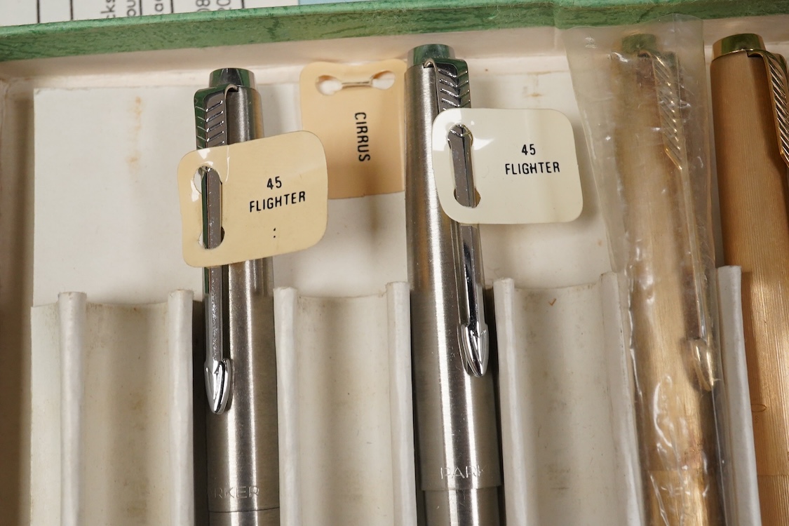 A folder of Parker and Sheaffer pens and ball pens, mostly boxed and a Parker Pen box containing eight items